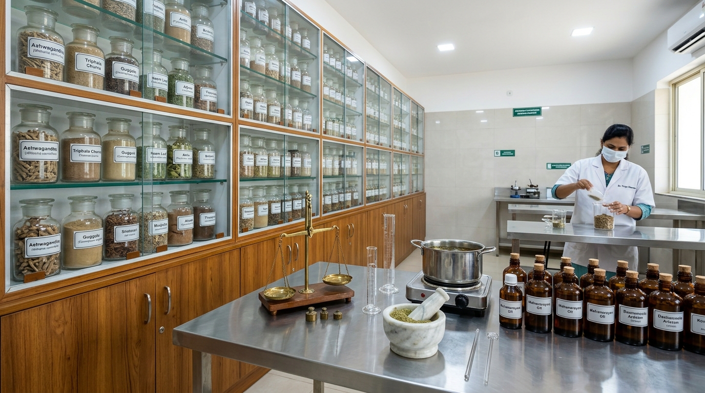 In-House Ayurvedic Pharmacy & Precision Herbal Dispensary